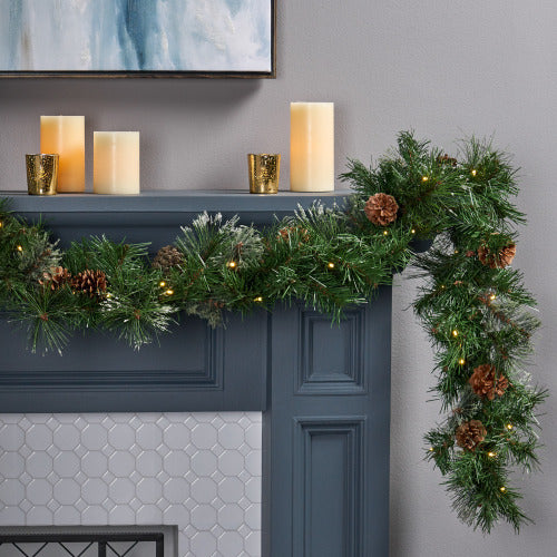 Blitzen Christmas garland – 2 pieces per box, pre-decorated with 20 pine cones, refreshing snow powder, and battery-operated timer lights