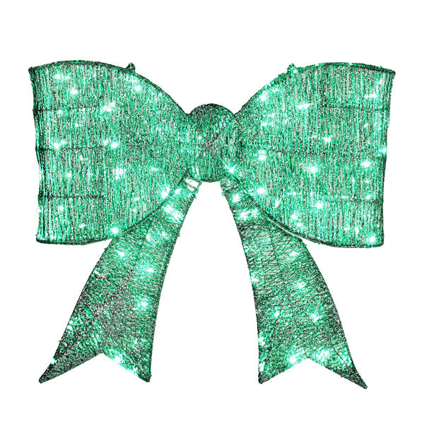 Blitzen Outdoor Lighted Christmas Bowknot – giant holiday bow with pre-lit green LED lights, tinsel fabric, and rustproof metal frame – Christmas Mercantile