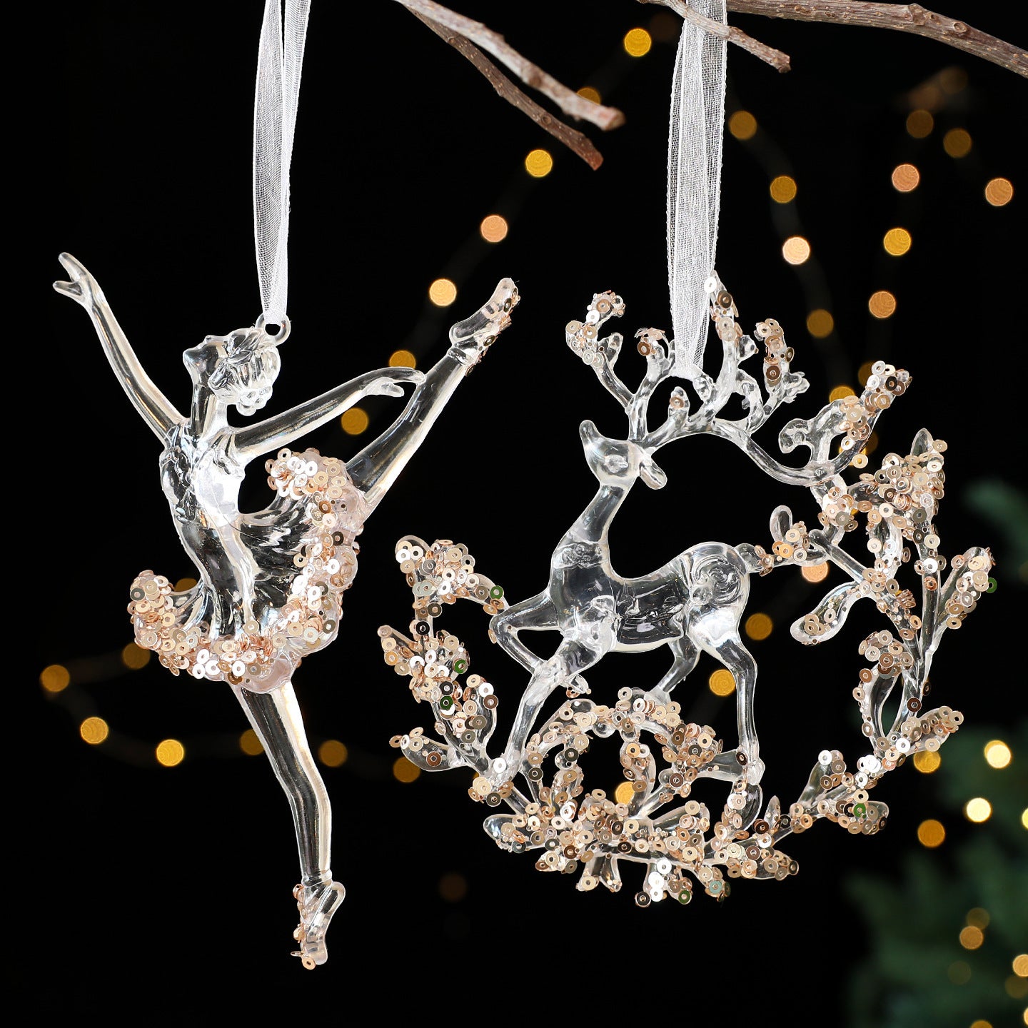 Blitzen Sequined Christmas Ornament – acrylic transparent garland with floating sequins – Christmas Mercantile