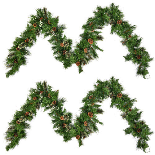 Blitzen snow-dusted lighted garland – lifelike lush needles, pine cone accents, flashing timer lights – Christmas Mercantile