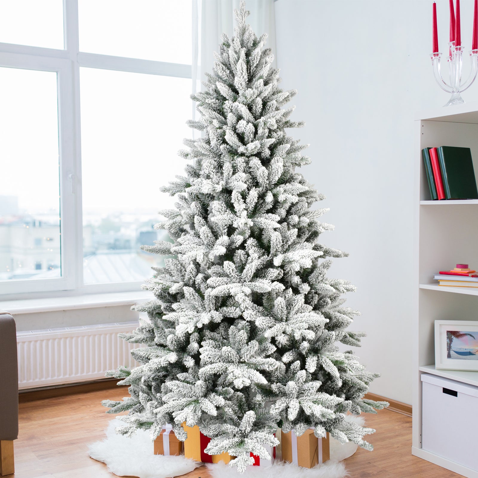 Comet Christmas Tree – 5 to 7ft snow-flocked tree with hinged branches, environmentally safe non-flammable material, and sturdy metal base – Christmas Mercantile