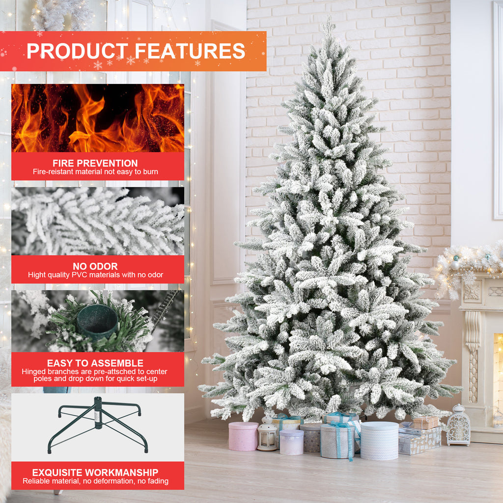 Comet fire-safe artificial tree – heavily snow flocked, no odor, realistic branches, sturdy steel base for lasting stability