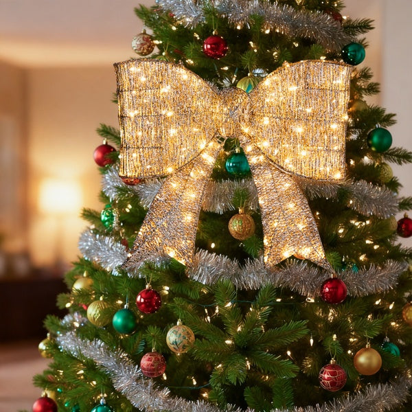 Cupid giant tinsel bow – pre-lit warm white LEDs, rustproof frame, lightweight and collapsible for effortless storage year after year