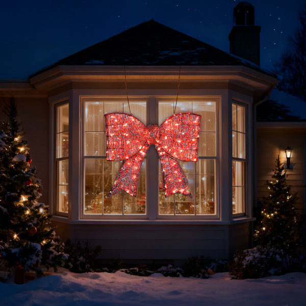 Dasher Christmas gate bow – red LED lighted, durable metal construction, perfect for yards, windows, and exterior walls during the holidays