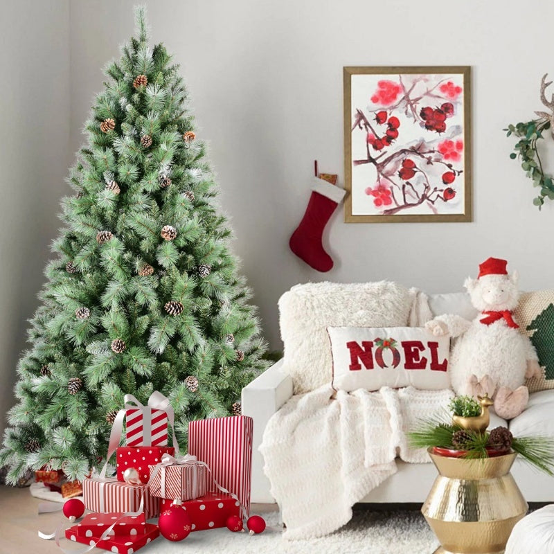 Donner Christmas Tree – 5 to 9ft PVC hard needle mixed tree with pine cone pieces (51 to 122), hinge branches, and metal foldable base – Christmas Mercantile