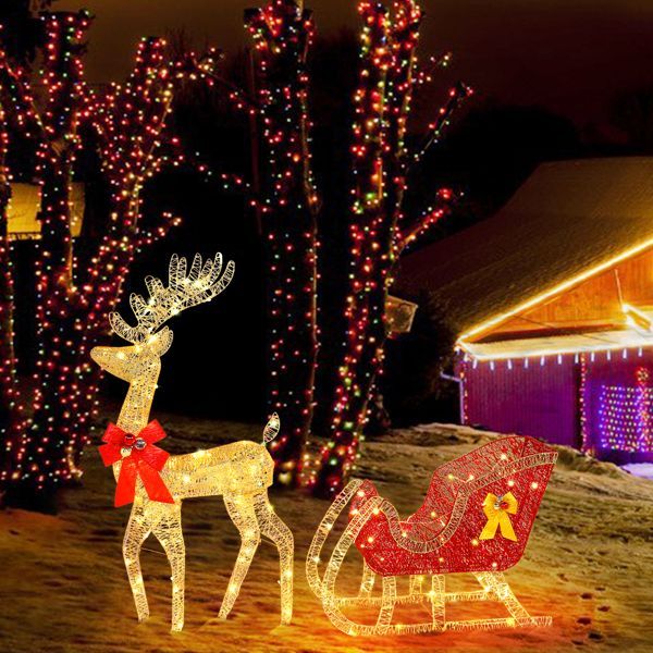 Elk rustic Christmas sculpture – gold iron, soft cotton, green accent – a unique courtyard decoration for Christmas trees and home decor
