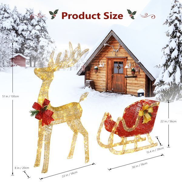 Golden elk courtyard statue – sturdy iron base, soft cotton feel, green detail adds life to your Christmas decorations