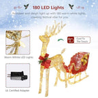 Golden elk deer outdoor decor – iron frame wrapped in soft cotton, green botanical touch perfect for courtyard Christmas displays