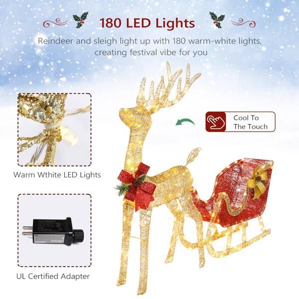 Golden elk deer outdoor decor – iron frame wrapped in soft cotton, green botanical touch perfect for courtyard Christmas displays