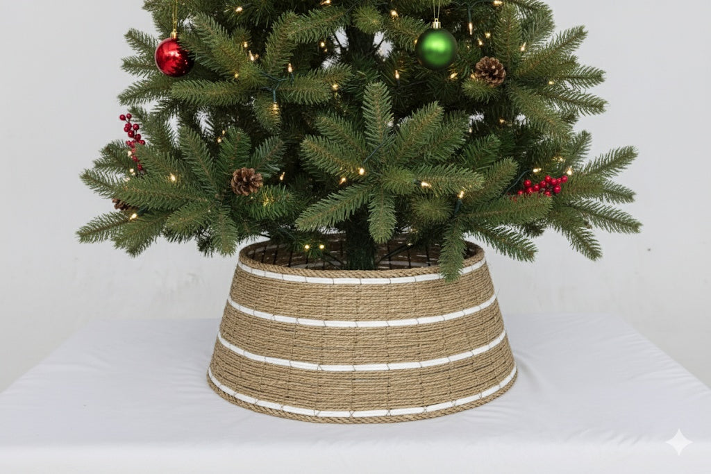 Noelle coastal tree collar – sturdy iron frame wrapped in organic seagrass and white stripes, replacing traditional tree skirts with modern bohemian flair – Christmas Mercantile