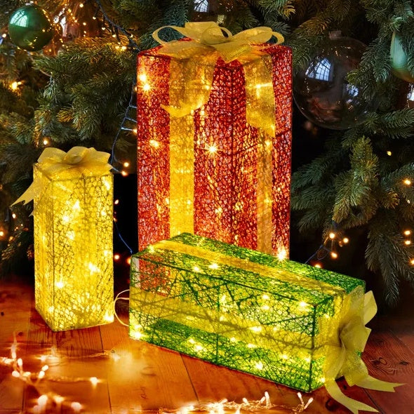 Prancer Lighted Gifts – set of 3 gift boxes in 18in, 15in, and 11in sizes with 90 warm white LED lights and see-through design – Christmas Mercantile