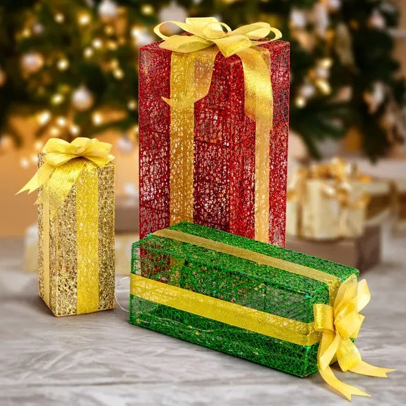 Prancer nesting light gifts – 18, 15, and 11 inch boxes that stack inside each other after the holidays, perfect for Christmas trees, porches, fireplaces, and gardens